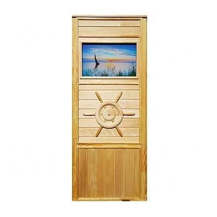 Дверь деревянная для бани DoorWood Штурвал 1840x740 со стеклом Парусник в Мозыре