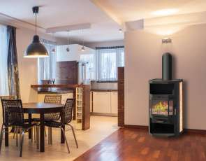 Недорогой стальной камин со стеклом Мета-Бел Ангара фото в интерьере в Мозыре