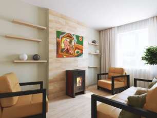 Недорогой камин со стеклом Теплодар Твист фото в интерьере в Мозыре