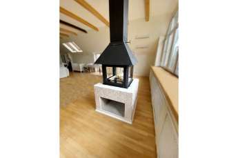 Стальной камин Эклипс островной 4D графит фото в интерьере в Мозыре