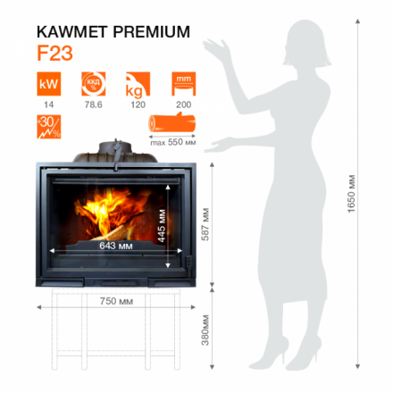 Каминная топка Kawmet Premium F23 (14 кВт) в Мозыре