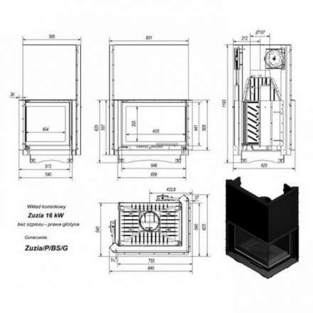 Каминная топка Kratki Zuzia/P/BS/G (угловое стекло справа,гильотина) в Мозыре