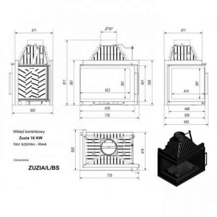 Каминная топка Kratki Zuzia/L/BS (угловое стекло слева) в Мозыре