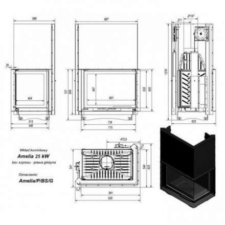 Каминная топка Kratki Amelia/P/BS/G (угловое стекло справа, гильотина) в Мозыре